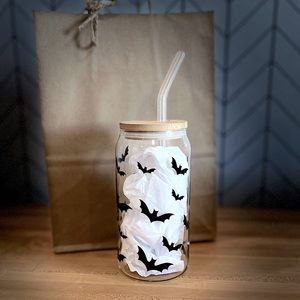 20oz glass cup with bamboo lid - Batty Halloween